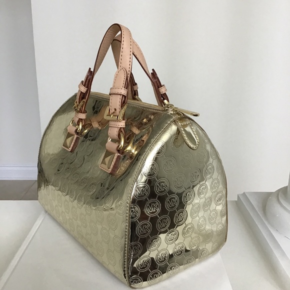 Michael Michael Kors Grayson Gold tone metallic MK logo medium size satchel - Picture 3 of 8